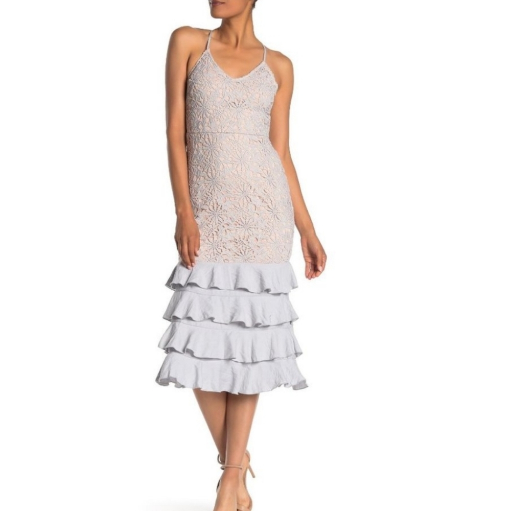 Anthropologie Endless Rose Lace Overlay/Ruffle Bottom Midi Dress - Picture 1 of 14